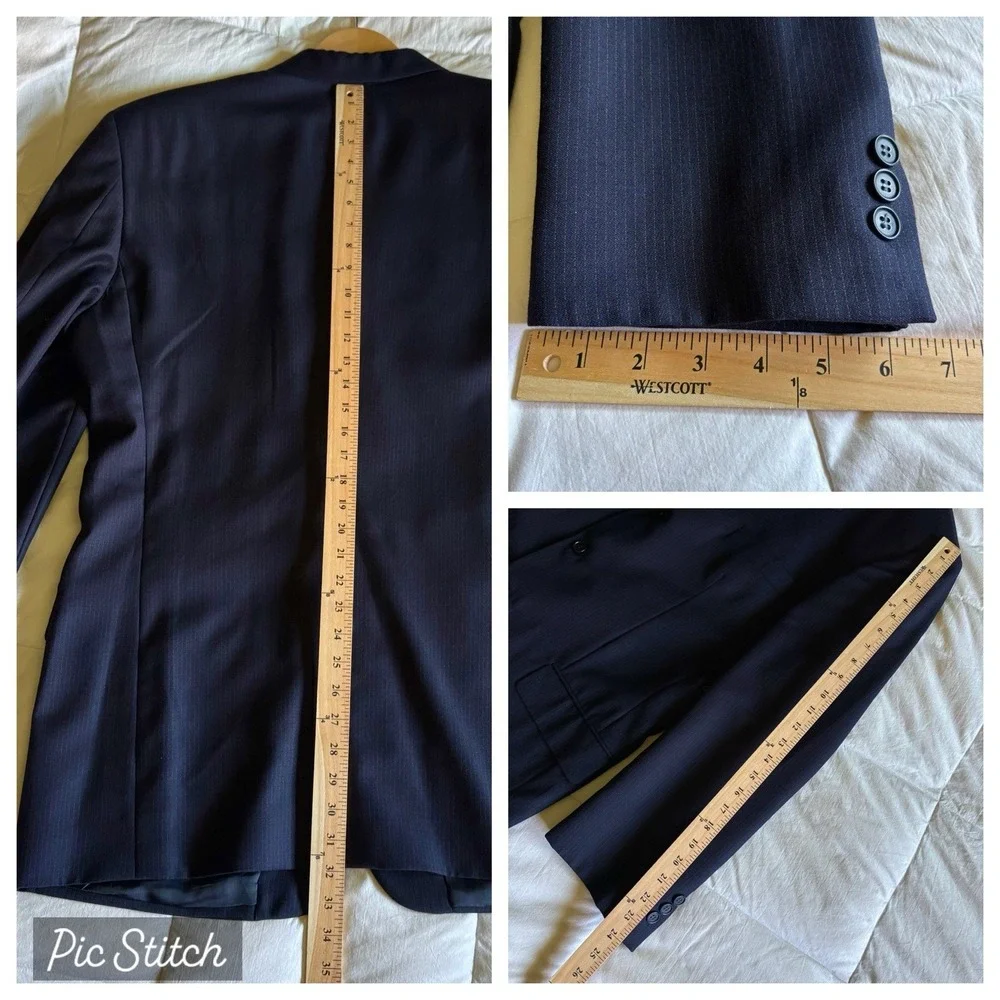 Vtg Pavone Italy Super 100 Suit Men's 44L 33x31 Pleated Navy Blue Pinstripe Boss